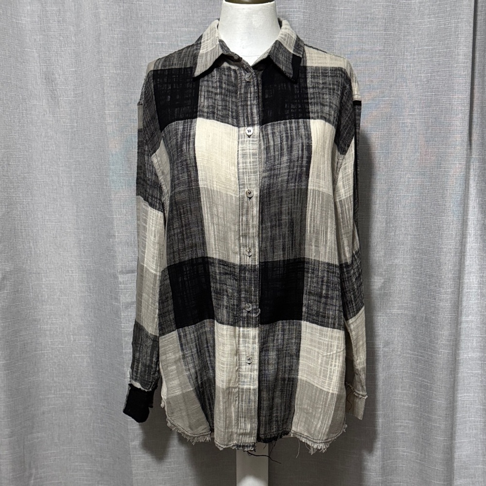 la miel 100% Cotton Shirt-Sz M-Relaxed-Button Up-Plaid-Raw Edge Trim-Lightweight